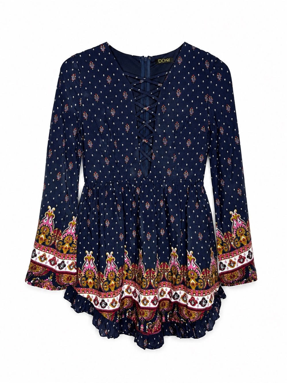 DEPRI Navy Paisley Border Print Lace Up Dress Women’s Small Boho Long Sleeve